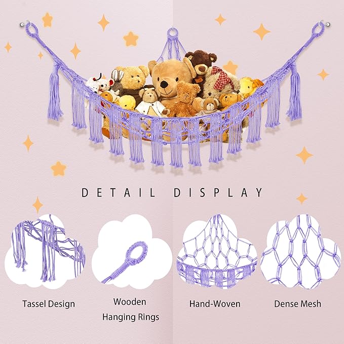 CERETIA Stuffed Animal Hammock with LED Light, Large Stuffed Animals Storage Corner Plushie Net for Kids Room Decor, Purple