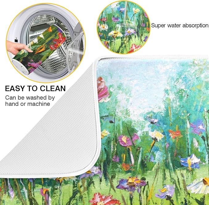 Absorbent Dish Drying Mat for Kitchen Counter - Oil Painting Flowers Microfiber Drying Pad, Reversible Drainer Mats for Countertop, Large 18" x 24"