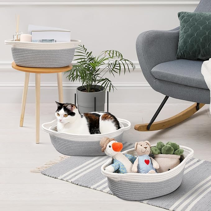4 Pack Small Woven Basket with Handles, Cotton Rope Room Shelf Storage Basket, Cute Baby Gift Basket for Nursery, Bedroom - Cat Dog Toys Basket, Empty Decorative Gift Chest Box, All 12"x 8"x 5",Grey