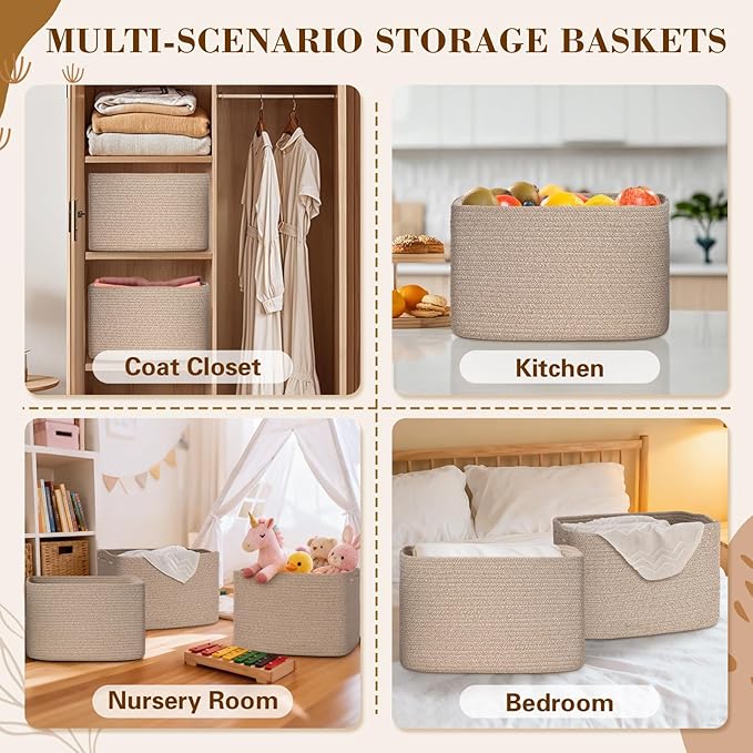 Degeyoyo Woven Storage Baskets, Brown Baskets for Organizing, 3 Pack Woven Basket for Storage, Storage Baskets for Shelf, Towel, Toy, Book, Closet, Baby 15"×10"×9"
