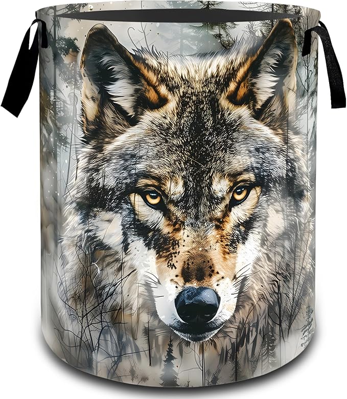 VODRM Majestic Realistic Wolf Laundry Basket, Dirty Collapsible Clothes Toy Organizer Hamper for Kids Adults, Oxford Cloth Waterproof Storage Bin for Bedroom Bathroom Forest Decor Gifts, 19.7"X15.7"