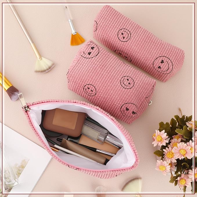3 Pcs Makeup Bag Set for Women Corduroy Cosmetic Pouch Aesthetic Smile Travel Toiletry Bag Cute Purse Pouch Pencil Case Makeup Brushes Storage Organizer with Zipper(Pink,Smile Face)