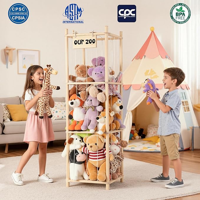 LAMU Stuffed Animal Storage, Wooden Zoo Stuffed Animal Holder with Elastic Cords, Space Save Toy Organizer, Extra Large Capacity Stuffed Animal Organizer for Playroom, Bedroom, Nursery