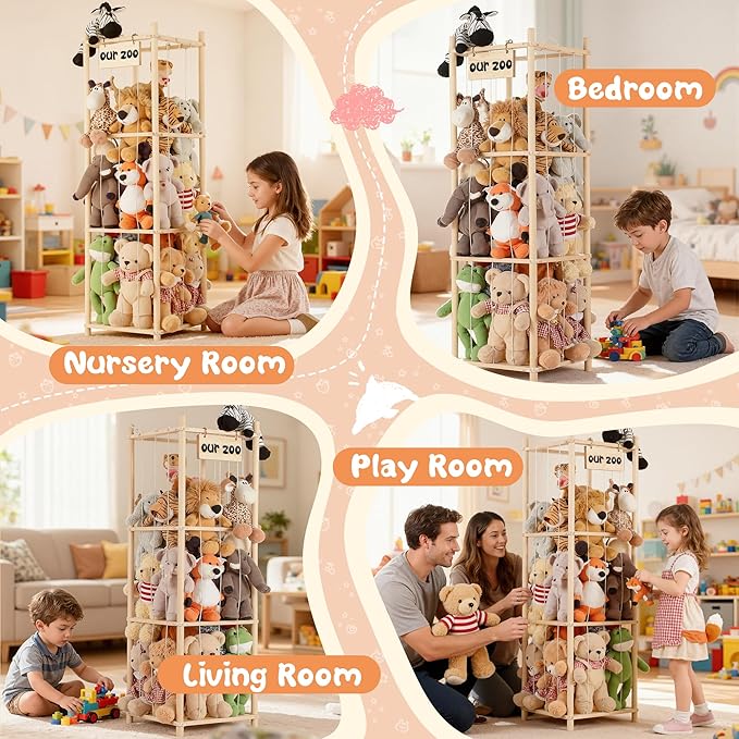 LAMU Stuffed Animal Storage, Wooden Zoo Stuffed Animal Holder with Elastic Cords, Space Save Toy Organizer, Extra Large Capacity Stuffed Animal Organizer for Playroom, Bedroom, Nursery
