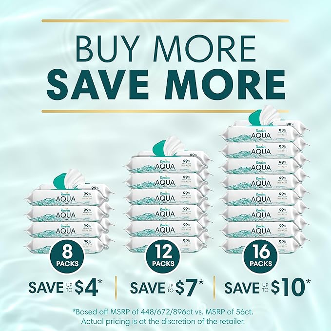 Pampers Aqua Pure Baby Wipes, 99% Water, Fragrance Free, Unscented, Water Based, Multi-Use, 448 Wipes Total (8X Flip-Top Packs) [Packaging May Vary]