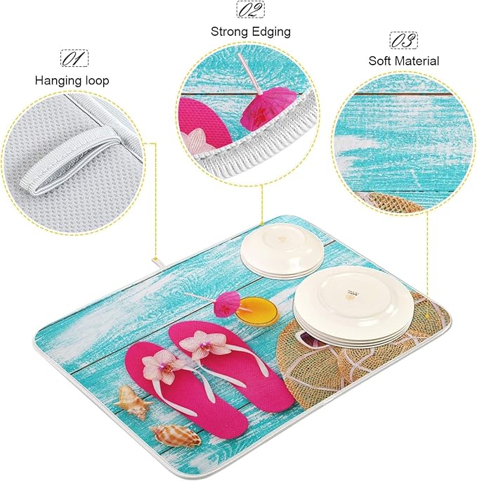 Summer Flip Flops Dish Drying Mat 16x18 in for Kitchen Counter Decor, Absorbent Blue Wooden Board Dry Pad Seashells Baby Bottle Dryer Rack Drainer Mats for Countertop Sink