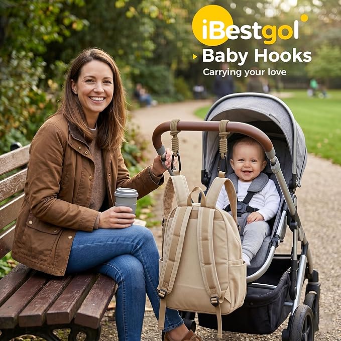 Baby Stroller Hooks, Universal Clips for Diaper and Mommy Bags, Heavy-Duty Hangers with Straps, Practical Stroller Accessory for Moms, Black-4pc