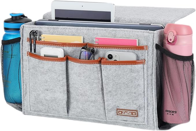 Zafit Bedside Caddy, Large Size Bedside Storage Organizer Bedside Organizer Caddy for Magazine Remotes Phone (13.4'' x 18.1'' Plus Size, Light Grey)