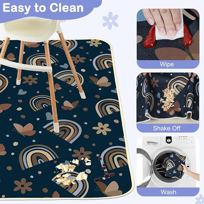 Splat Mat for Under High Chair 42 x 42 Inch Waterproof Baby Splash Mat with Non Slip Bottom Reusable Portable Highchair Mat for Floor Food Catcher for High Chair, Navy Rainbow
