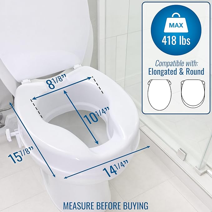 HealthSmart Locking Raised Toilet Seat Riser for Seniors, 4" Elevation with Lid, Fits Round and Elongated Toilet Bowls, Secure Easy Locking Clamps, 418 lb Capacity, Quick Assembly