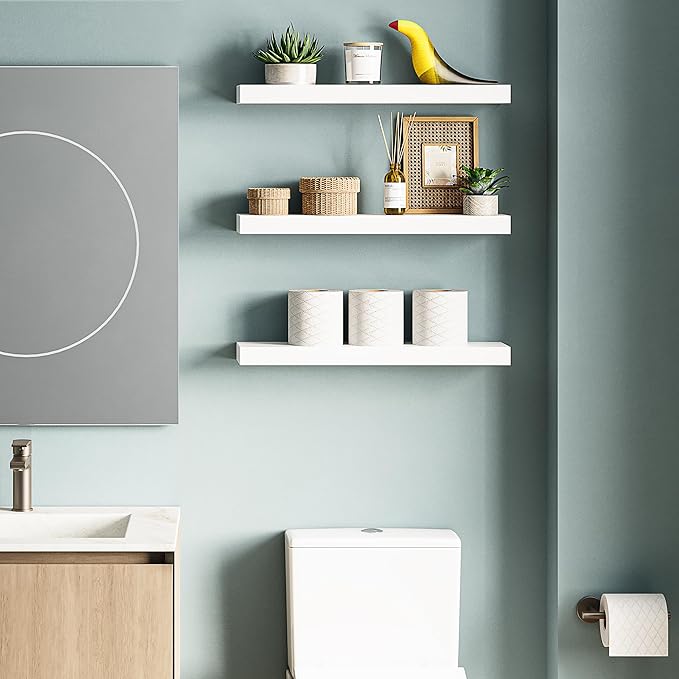 Ballucci Floating Shelves for Wall, 24" Wood Wall Shelf Set of 3, Invisible Brackets Floating Shelf, Decor Living Room, Bathroom, Bedroom, Kitchen, 6" Depth, White
