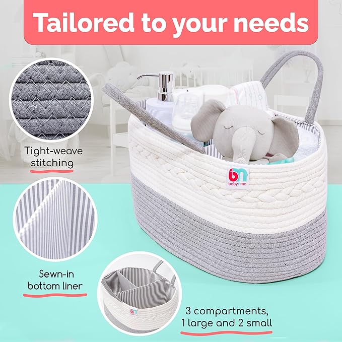 Babynma Rope Diaper Caddy - Storage for Baby and Toddler Items - Portable Cotton Organizer Easily Holds Diapers, Wipes, Clothing - Useful for Nursery, Bedroom (Gray, Regular)