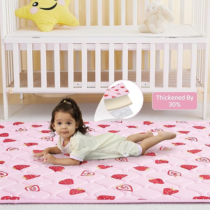 Viviland Baby Play Mats for Floor, Thicken Cushioning Padding Foam Playmate for Baby and Toddlers Infants, 50" x 50" Playpen Mat, Non-Slip & Machine Washable - Pink Strawberry