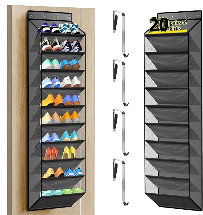 PAULONE 10-Pocket Multi-Use Over The Door Organizer, Heavy Duty 95lbs Capacity with Breathable Mesh, Versatile Hanging Storage for Shoes, Toys, Office Supplies-Slate Grey