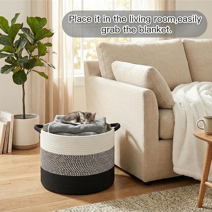 Artfeel 70L Large Cotton Rope Basket, Decorative Woven Blanket Storage for Living Room, Boho Toy Storage & Toy Box for Kids, Versatile Laundry Basket & Nursery Hamper for Blankets(Black)