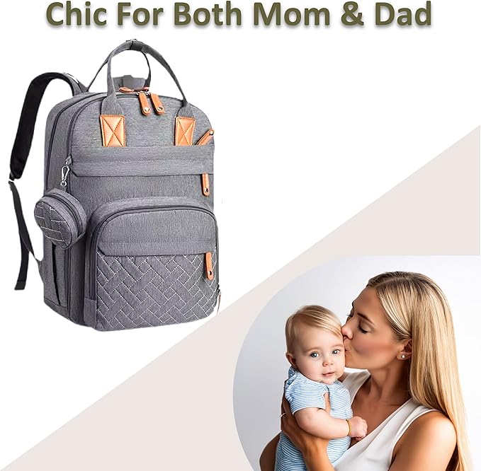 Rojnaz Baby Diaper Bag Backpack - Large Sturdy Bag for Boys & Girls, Changing Pad & Pacifier Case, Large Capacity, Insulated Pockets, Waterproof, Stroller Straps & Carry-on Straps, Unisex - Grey