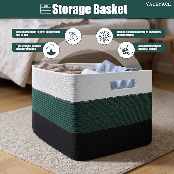 Basket for Blankets Large, Woven Cotton Toy Storage Bin for Living Room, Large Storage Basket for Organizin Shelf, Decorative, 22"x17"x12"
