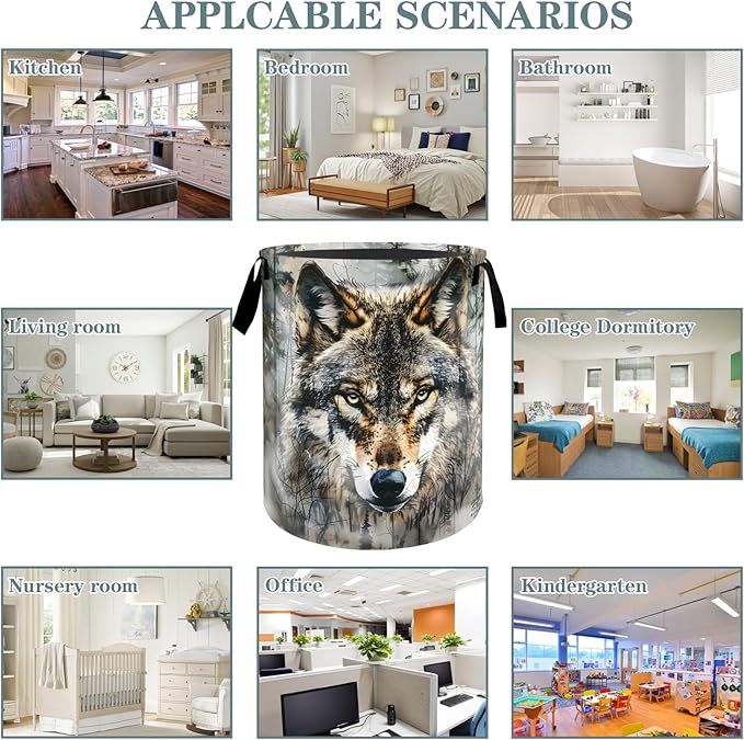 VODRM Majestic Realistic Wolf Laundry Basket, Dirty Collapsible Clothes Toy Organizer Hamper for Kids Adults, Oxford Cloth Waterproof Storage Bin for Bedroom Bathroom Forest Decor Gifts, 19.7"X15.7"