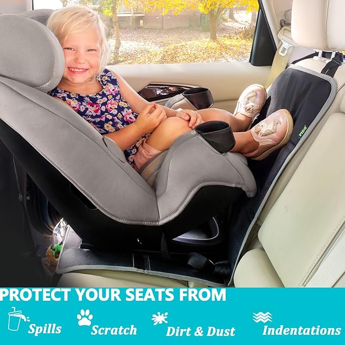 PIDO Car Seat Protector for Child Carseat with Thick Padding and Waterproof Fabric, 2 Pack Seat Cover Mat for Car Leather Upholstery (Black/Gray)