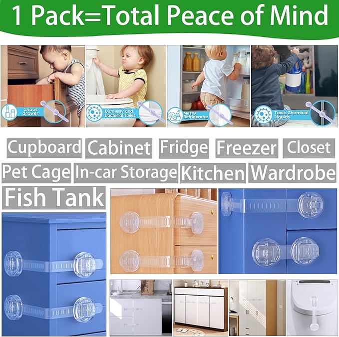 6 Pack Adhesive Straps Locks Baby Proofing for Drawers Fridge Dishwasher Toilet Seat Cupboard Oven Freezer Trash Can, Cabinet Latches Adjustable for Toddlers Cats Dogs, No Drill, Transparent