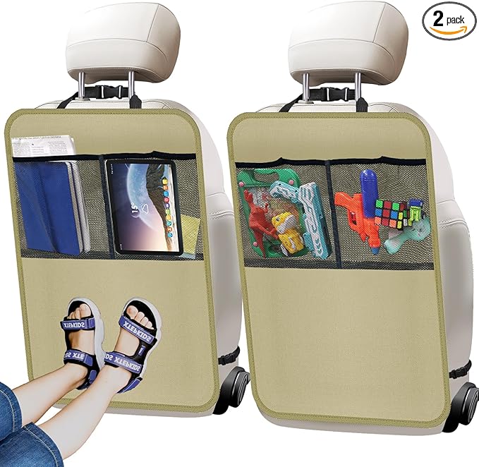 Zecirl 2 Pack Kick Mat Backseat Protector,Back Seat Cover for Kids,Car Seat Back Protectors with 2 Pocket Storage Organizer for Car, SUV, Minivan or Truck Seats (Beige)