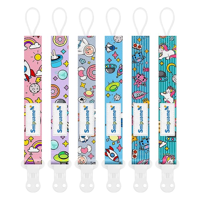Smlpuame Pacifier Clip Girl,6 Pack Stylish Binky Clips Strap for Baby Girls,Paci Holder with Clip Lightweight Universal Fits Most Pacifiers Teether Toy Teething Ring Soothie,Baby Gift(Travel in Space)