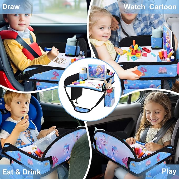 Kids Travel Tray for Car Seat, Road Trip Essentials for Toddler, Carseat Lap Tray with Dry Erase Board & Storage Organizer for Activities, Bluish Violet