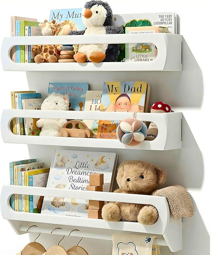 Homewisp Floating Shelves for Wall, Premium Bamboo Wood, Fully Assembled - Nursery Book Shelves, Nursery Decor, Book Shelf for Kids Rooms, Set of 3 White