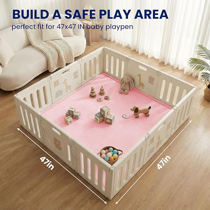 Huloo Sleep Ultra Soft Baby Play Mat for Floor,1.3" Thick Elasti-Foam 47x47 Play Mat for Playpen,Water-Repellent Coral Velvet for Tummy Time, Non-Slip Backing Safe for Toddlers & Infants（Pink）