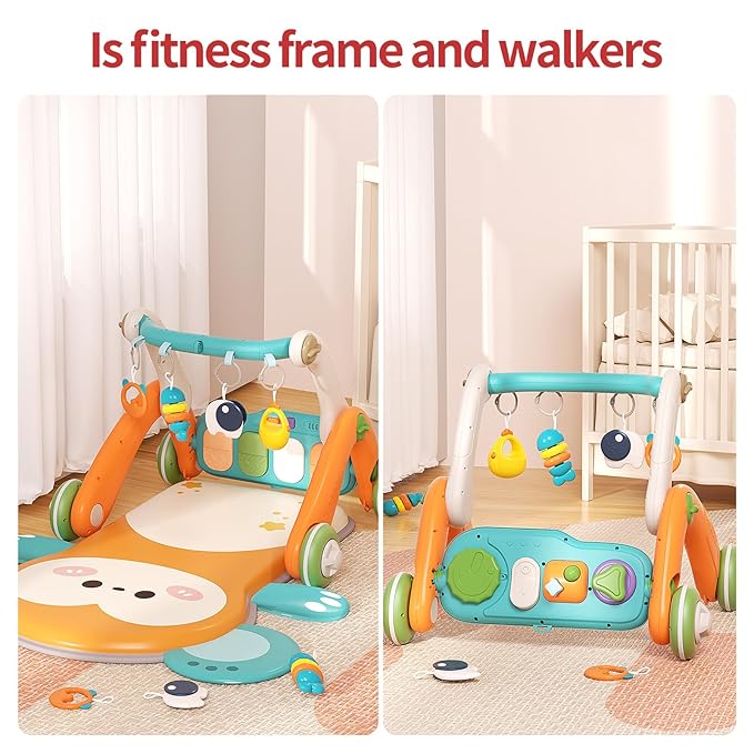Jovow 2 in 1 Baby Gym with Walker,Baby Play Mat with 5 Infant Learning Sensory,Double-Sided Multifunctional Removable Play Piano Panel,Sit-to-Stand Learning Walker for 0-24 Months Boy Girl [Orange]