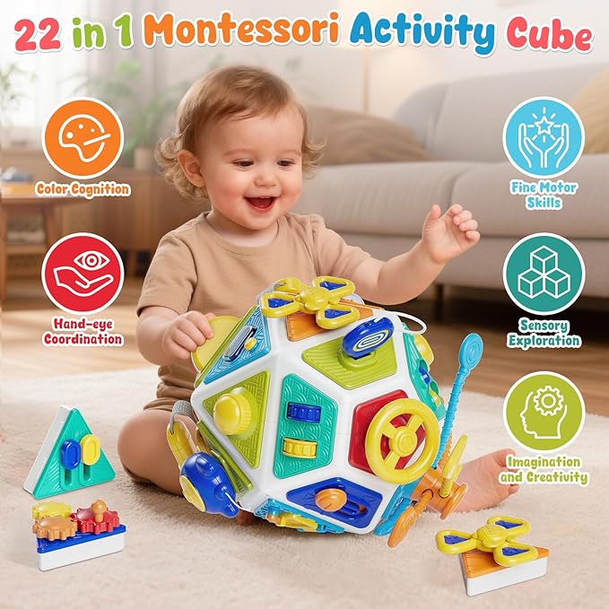 22-in-1 Baby Busy Board Activity Cube Toys, Montessori Toy for 1 Year Old Toddlers, Educational Learning Sensory Travel Toys for Infant 6-12 12-18 Months, 1st Baby Valentines Day Gifts for Boys Girls