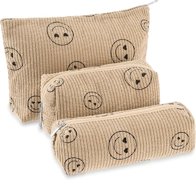 3 Pcs Makeup Bag Set for Women Corduroy Cosmetic Pouch Aesthetic Smile Travel Toiletry Bag Cute Purse Pouch Pencil Case Makeup Brushes Storage Organizer with Zipper(Khaki,Smile Face)