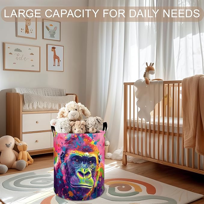 Gorilla Laundry Basket Hamper 19.7"x15.8", Colorful Foldable Waterproof Oxford Clothes Storage Bucket for Room Bathroom Bedroom Nursery Decor, Toy Organizer Bins Gifts for Kids Boys Girls
