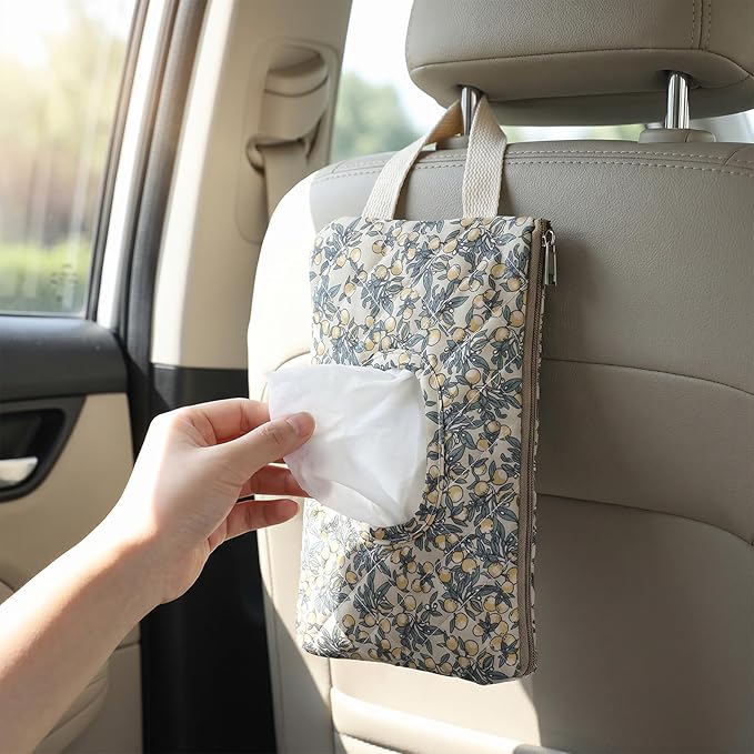 Quilted Diaper Wipe Pouch Hanging Floral Wet Wipes Bag Reusable Fabric Cover with Zipper & Lanyard for Car Daily Casual Travel Mommy Bag(A)