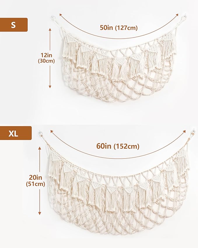 Boho Macrame Stuffed Animal Hammock with LED Lights, Wall Corner Hanging Plushie Net, Large Toy Organizer for Kids Bedroom Nursery Playroom & Dorm (White XL)