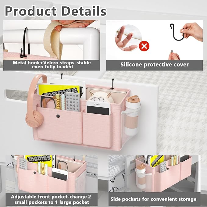 Edudif Bedside Caddy Bedside Organizer with Fixed Straps & Water Bottle Holder, Bunk Bed Caddy ideal for Home, Dorm, Hospital, Crib, Versatile Bedside Storage Solution (Pink 2pcs)