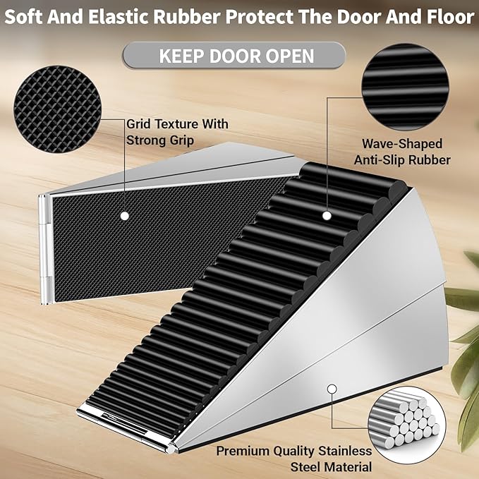 ZDZQJIA Heavy Duty Door Stoppers for Bottom of Door -Adjustable Spring Large Door Stop Wedge, Anti-Slip Rubber Grip,3" High Metal Doorstop Suits Carpet,Tile,Commercial,Home-Silver2Pc+2 Wall Protectors