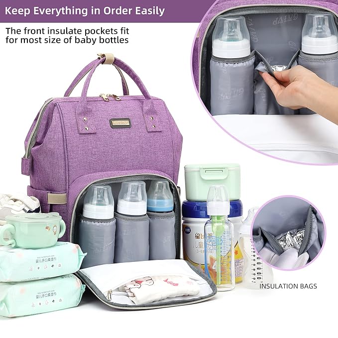 GAIVP Diaper Bag Backpack, Diaper Bags for Baby Girls Boys, Baby Bags for Moms Dads, Nappy Changing Bag with Insulated Pockets,Multi-functional Waterproof Backpack with Stroller straps-Purple