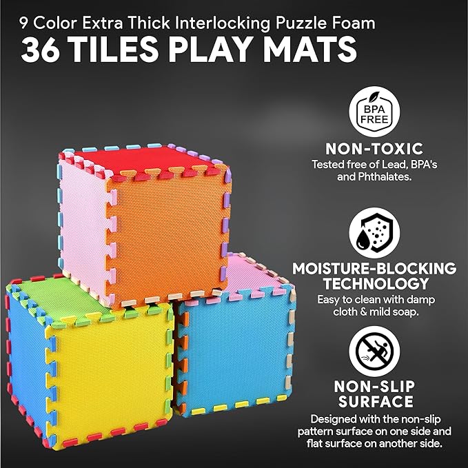 BalanceFrom Foam Floor Tiles for Kids - Non-Toxic Comfortable Baby Play Mat and Interlocking Foam Tiles for Crawling & Development, Soft Play Mat for Babies, 36 Tiles Cover 36 SQ SF