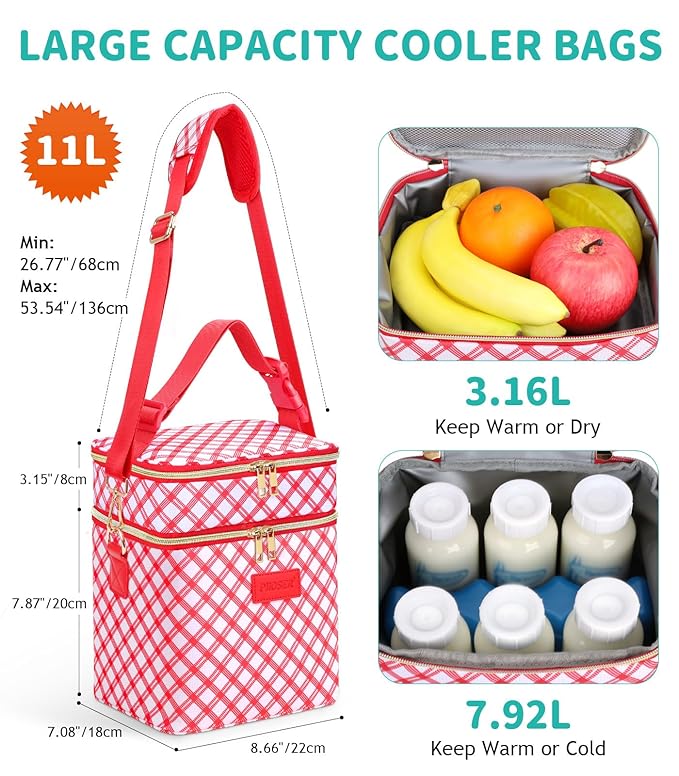 PIIOSER Breastmilk Cooler Bag with Ice Pack, Fits 6 Baby Bottles Up to 9 Oz, Stylish Baby Cooler Travel Bags with Shoulder Strap, Double Deck & Leakproof for Nursing & Working Mom-Red & White Striped