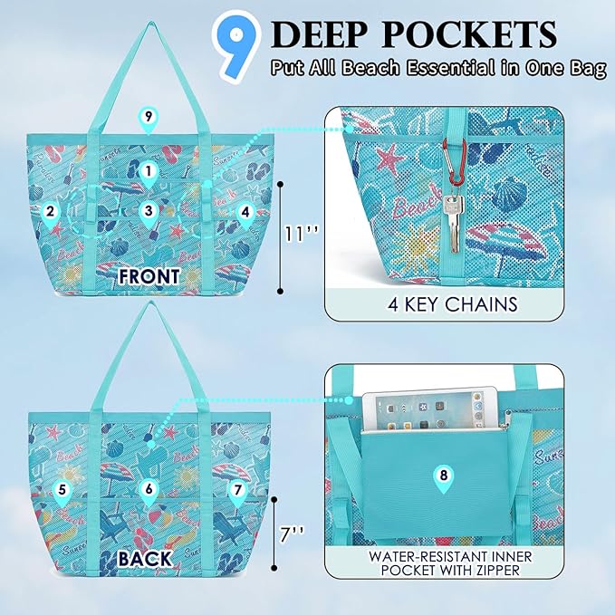 Mesh Beach Bag, Large Beach Tote with Zipper Pocket for Family Pool Bag for Toys & Vacation Essentials