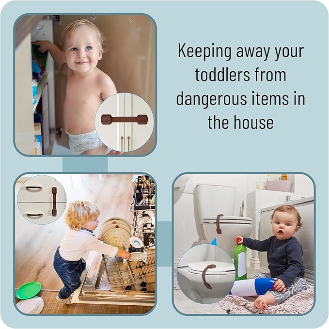 Bates- Child Safety Strap Locks, 8 Pack, Brown, Baby Cabinet Locks with Adjustable Strap Length