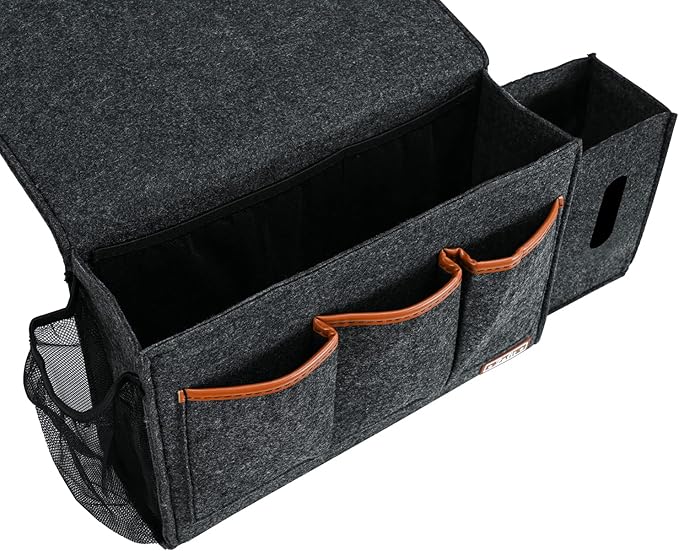 Zafit Bedside Caddy, Large Size Storage Organizer - Bedside Organizer for Magazine, Remotes, Phone (13.4'' x 18.1'' Tissue Box Holder, Dark Grey)