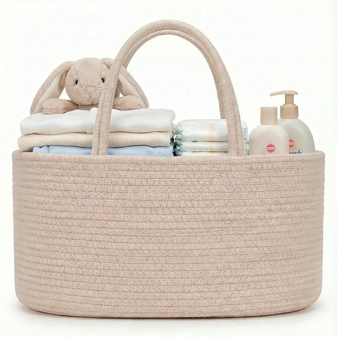 luxury little Diaper Caddy Organizer, Large Cotton Rope Nursery Baby Basket, Changing Table Organizer for Baby Diaper Storage, Portable Car Organizer Removable Divider (Oatmeal, Extra Large)