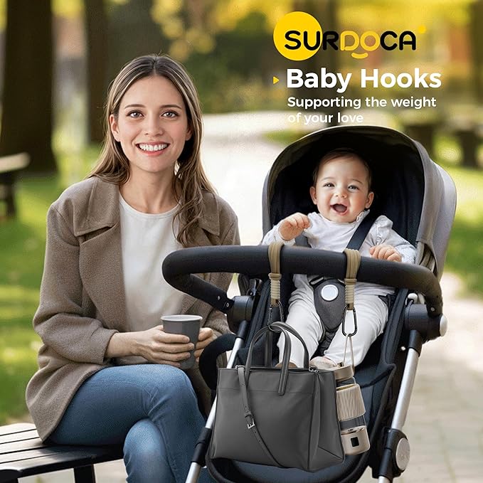 SURDOCA Baby Stroller Hooks, Stroller Clips and Hooks for Diaper Bag, Mommy Bag Hook for Stroller Heavy Duty, Universal Stroller Hanger and Strap