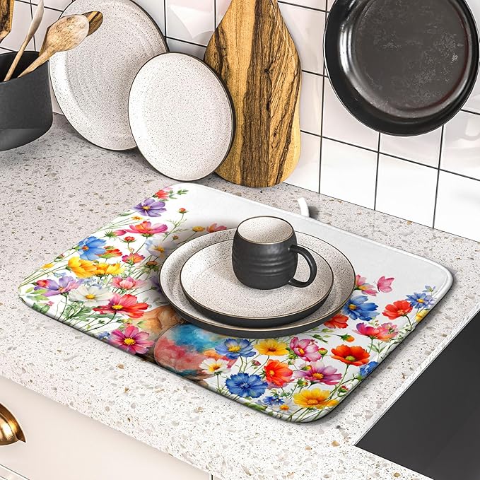 Spring Easter Rabbit Egg Dish Drying Mat for Kitchen Counter,Colorful Flowers Butterfly Drying Mat 16 x 18 Inch with High Absorbent Microfiber Drainer Mat for Coffee Bar