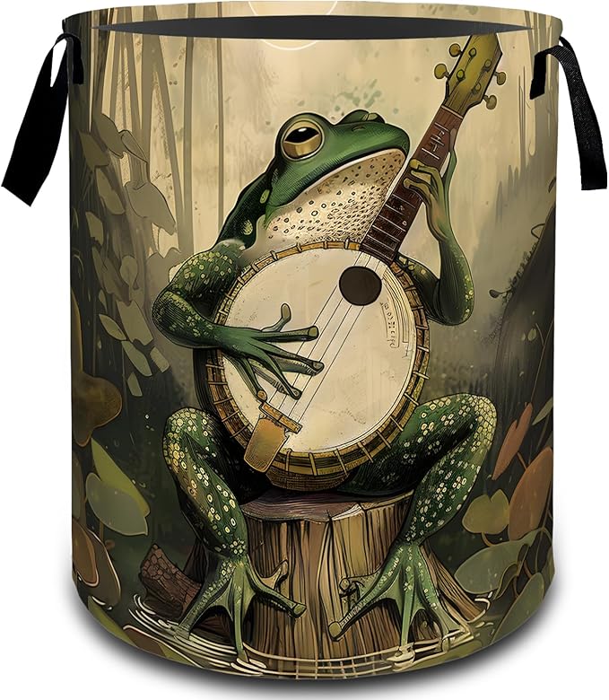 VODRM Fantasy Frog Banjo Swamp Laundry Basket, Dirty Collapsible Clothes Toy Organizer Hamper for Kids Adults, Oxford Cloth Waterproof Storage Bin for Bedroom Bathroom Funny Decor Gifts, 19.7"X15.7"