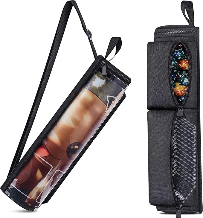 Playmat Tube Fits 14'' or 15'' 1 pcs Playmats, Playmat Case Compatible with TCG/MTG Playmats, Playmat Storage Bag Equipped with SeeThrough Window, 2 Zipper Pockets and Adjustable Shoulder Strap