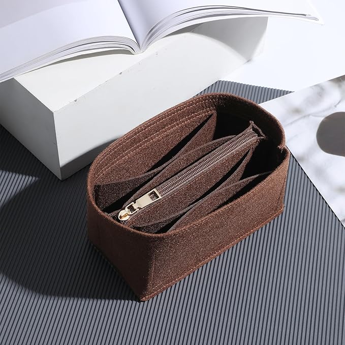 Premium Felt Purse Organizer Insert, 7 Compartments with Removable Zipper Pocket | Small Purse Organizer Fits LV Speedy 20, Noé BB, Mini Ophidia Tote, Groove 20 & More Bag Organizer Insert (Brown)