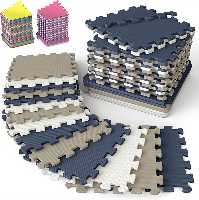 36 Tiles with Borders | 12" x 12" Baby Play Mat Foam Puzzle Floor Tiles | Non-Toxic Soft Waterproof Interlocking EVA Playmat for Nursery Playroom Playpen Toddler Tummy Mat